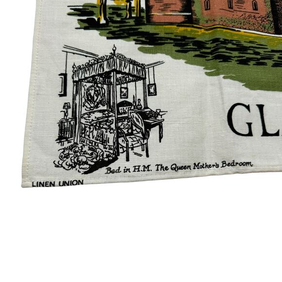 Vintage Glamis Castle Scotland Tea Towel Dishcloth UK Linen Union Brown Green - Picture 3 of 5